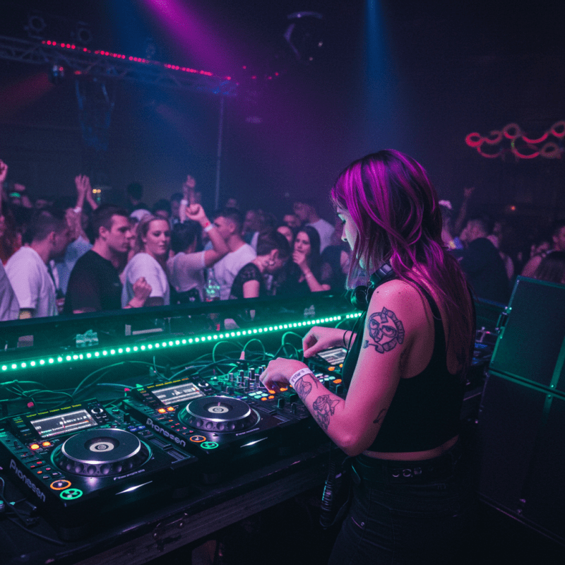 DJ groja vakarėlyje, žmonės šoka, apšvietimas sukuria energingą atmosferą