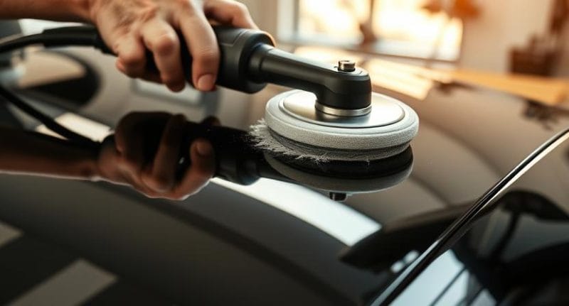 Automobilio paviršiaus poliravimas su profesionalia mašinėle, atspindintis blizgesį