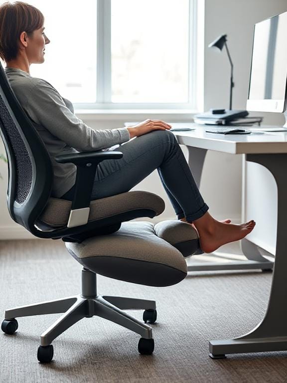 Žmogus sėdi ant ergonominės pagalvės, pakeltomis kojomis ant ortopedinės atramos, dirbdamas prie modernaus stalo