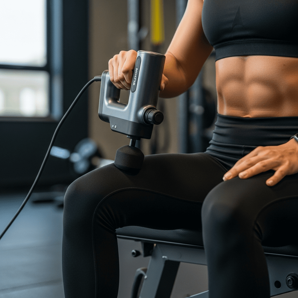 Sportuojantis vyras naudoja smūginį masažuoklį šlaunies raumenims atpalaiduoti po treniruotės sporto salėje.